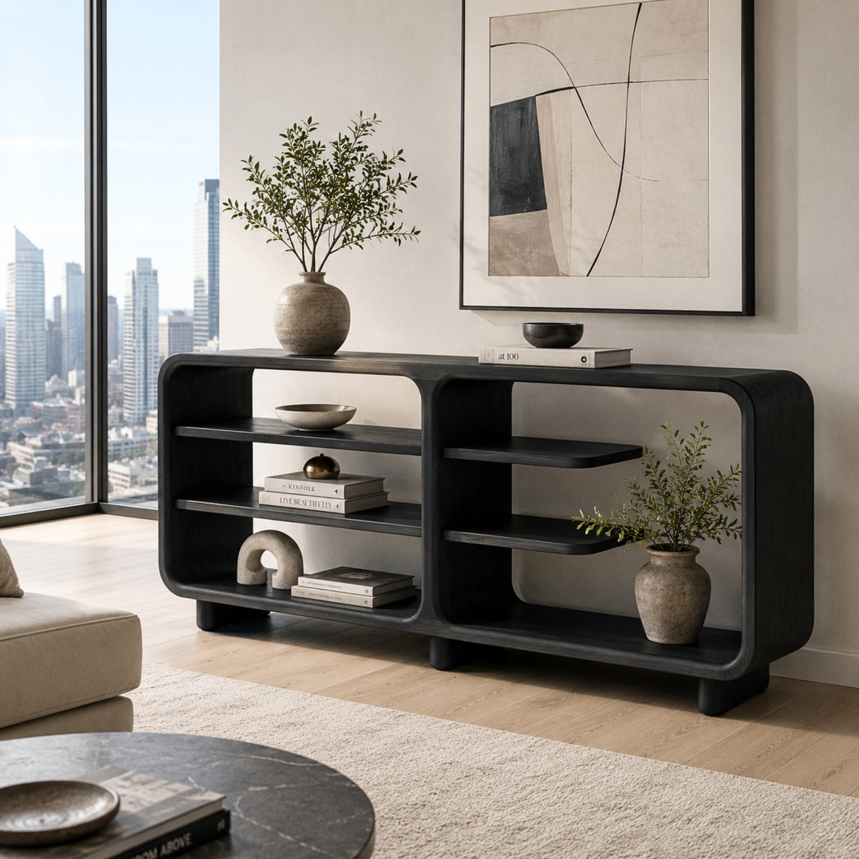Solid Wood Rounded Console Sideboard with Open Display Shelves