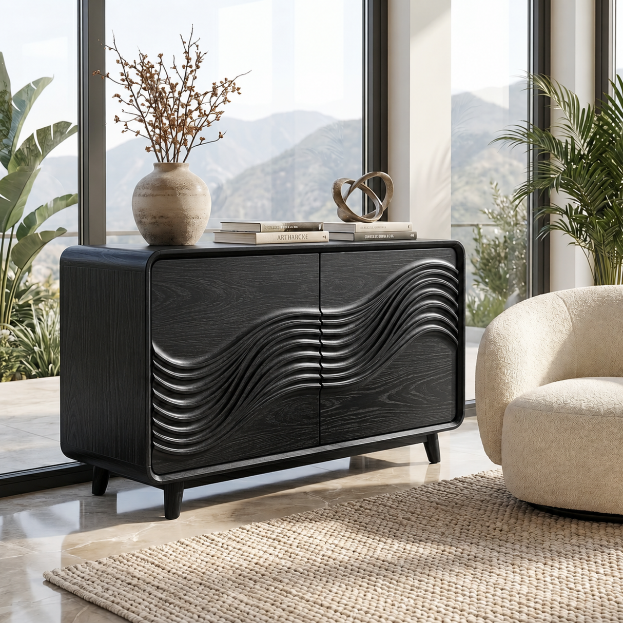 Handcrafted Solid Wood Sideboard with Sculpted Wave Doors