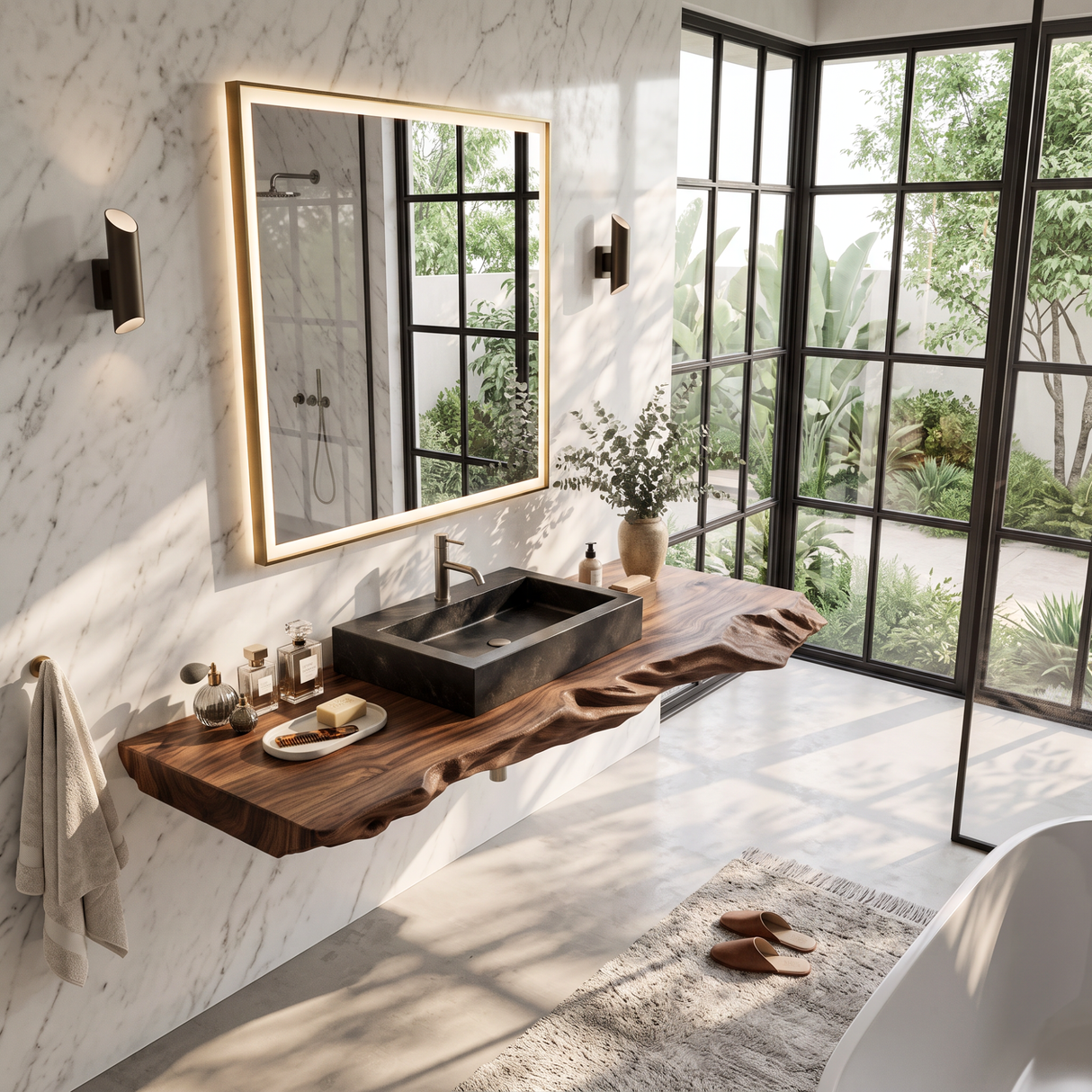 Solid Wood Floating Bathroom Vanity Shelf with Sculptural Live Edge for Modern Decor