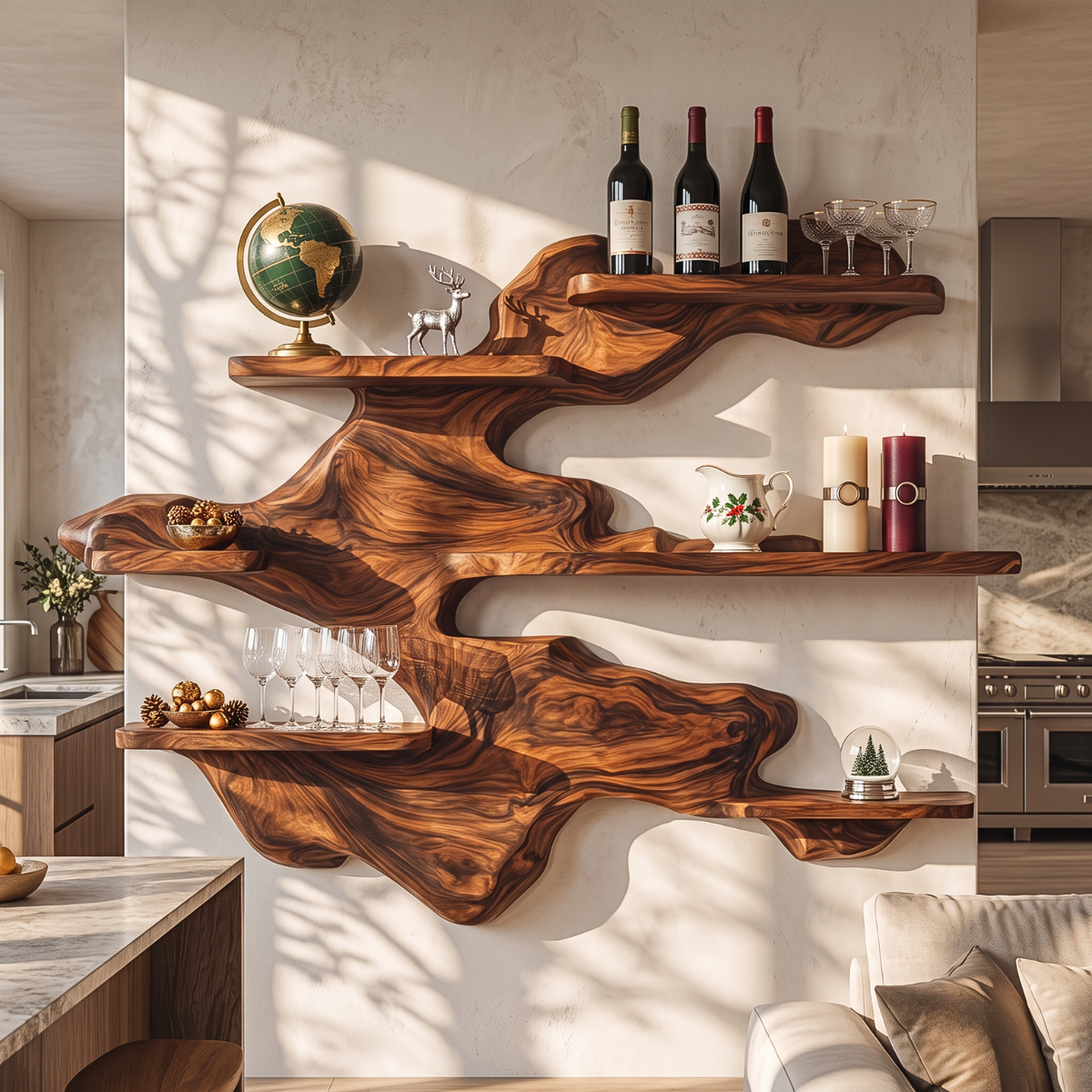 Sculptural Solid Wood Wall Mounted Wine Rack with Staggered Display Shelves
