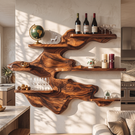 Sculptural Solid Wood Wall Mounted Wine Rack with Staggered Display Shelves