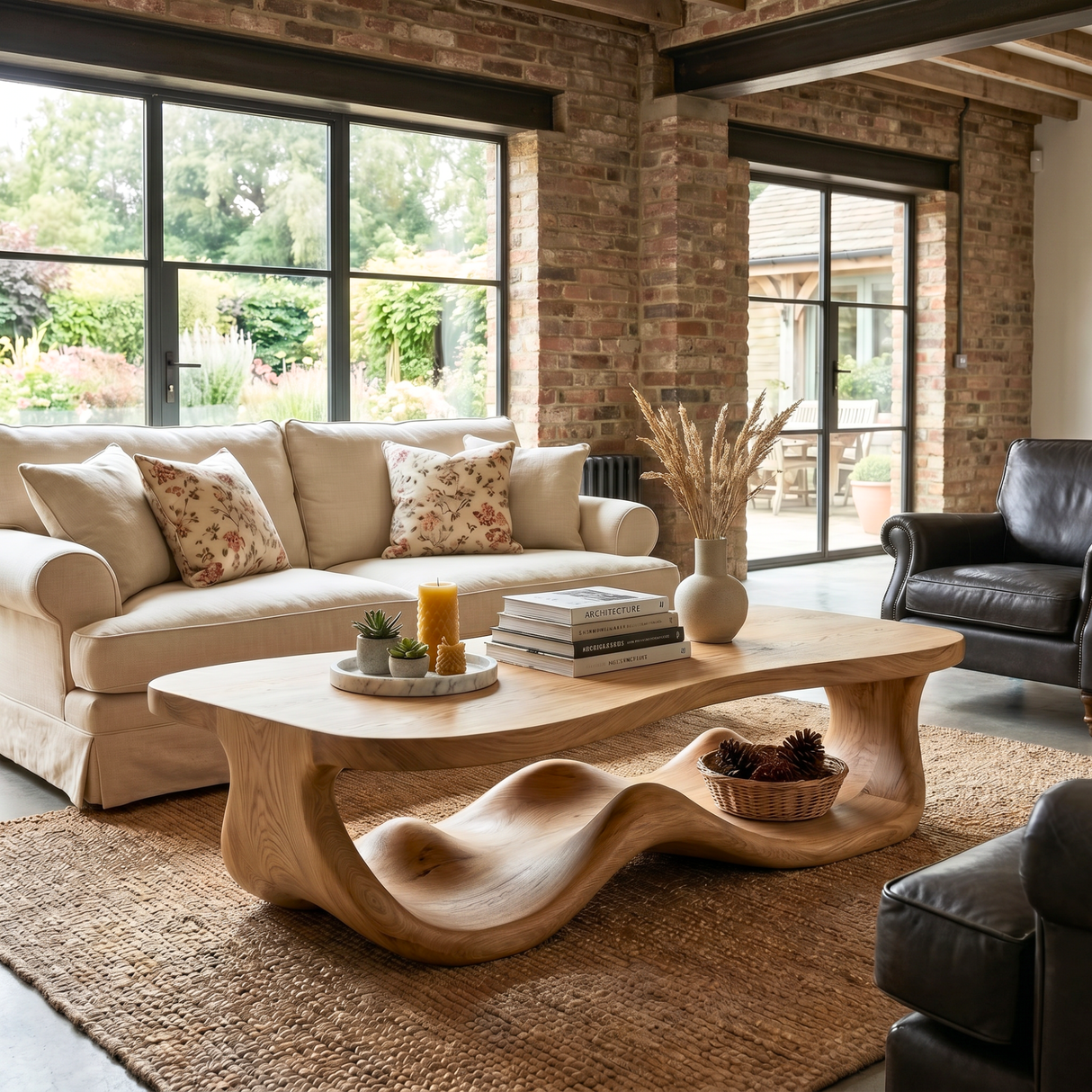 Rustic Solid Wood Coffee Table with Flowing Carved Base and Rounded Edge Top