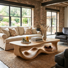 Rustic Solid Wood Coffee Table with Flowing Carved Base and Rounded Edge Top