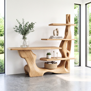 Sculptural Solid Wood Console Table with Tiered Shelving Organic Entryway Table