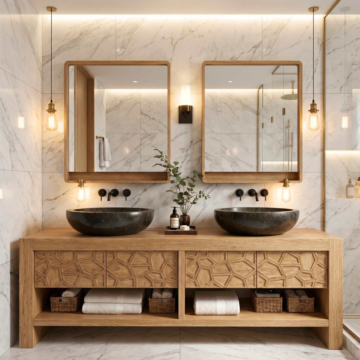 Modern Solid Wood Bathroom Vanity Cabinet With Geometric Carved Design
