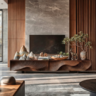 Architectural Wood TV Cabinet with Flowing Relief Front