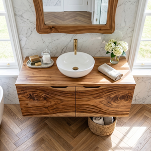 Hand Carved Solid Wood Bathroom Vanity with Flowing Organic Grain Design