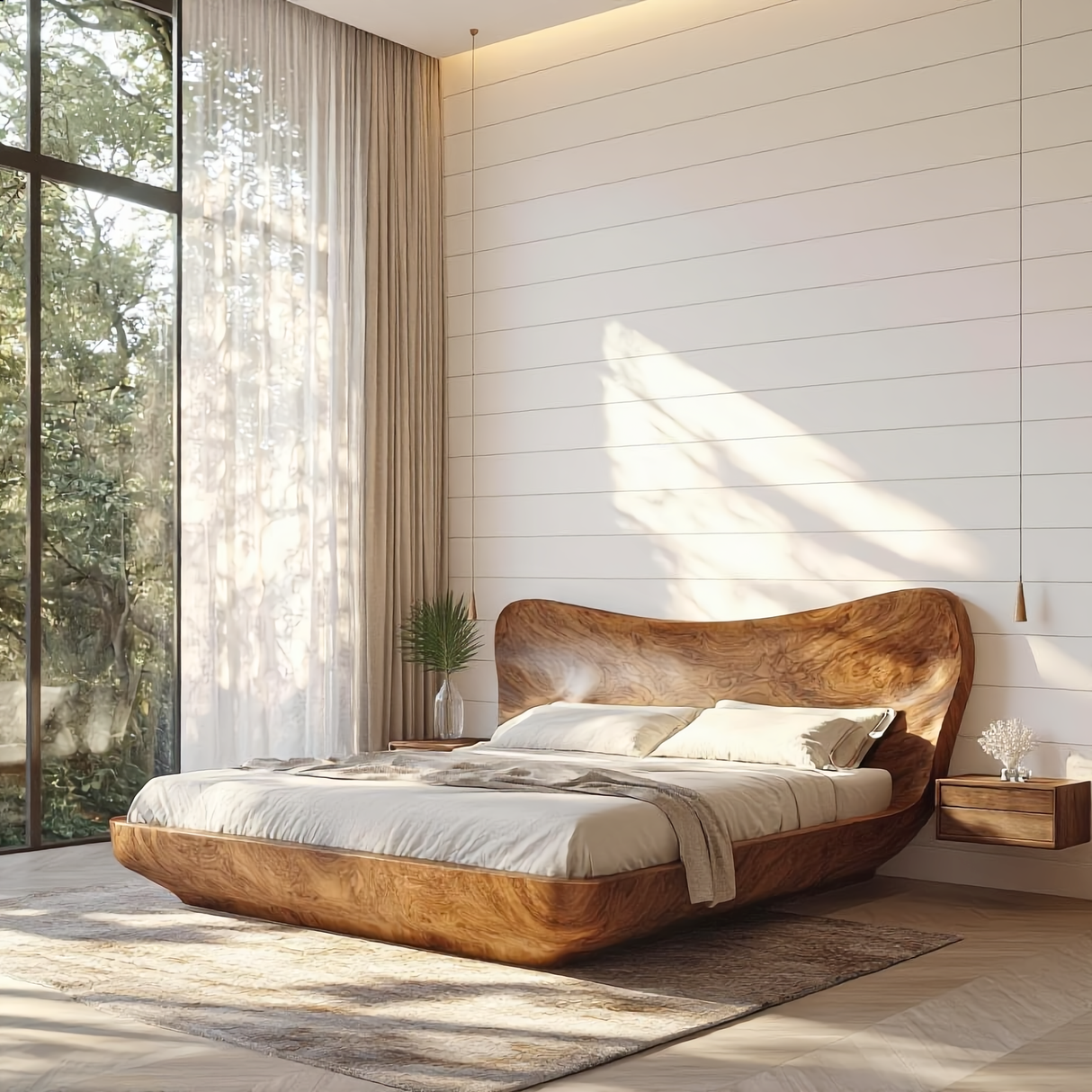 Sculptural Wood Bed with Curved Organic Headboard