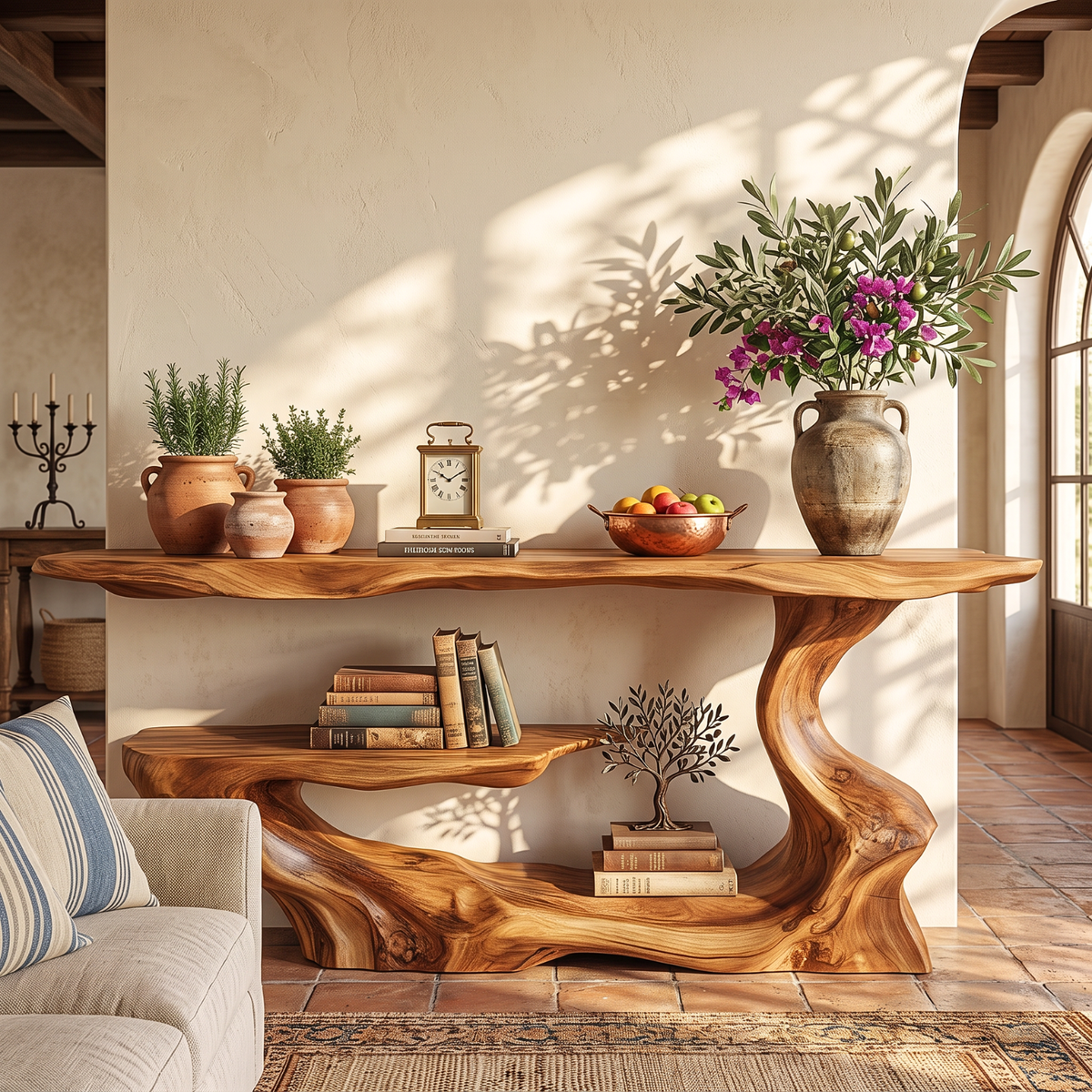 Handcrafted Solid Wood Console Table with Asymmetrical Tiered Shelves