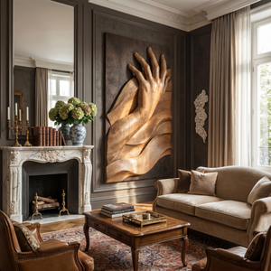 Hand-Carved Solid Wood Wall Sculpture with Reaching Hand Relief and Flowing Wave Form