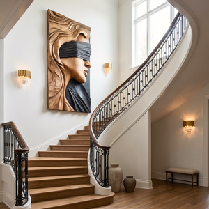 Handmade Blindfold Woman Wooden Wall Sculpture Panel