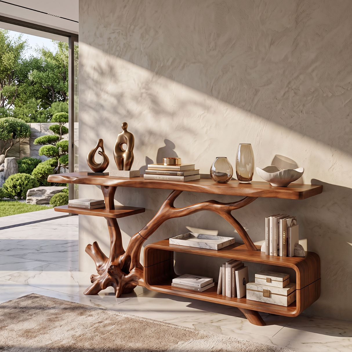 Console Table Solid Wood with Sculptural Branch Base and Open Storage Shelf