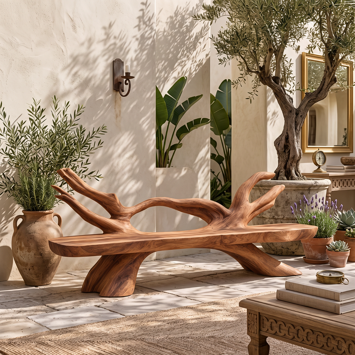 Organic Solid Wood Garden Bench with Sculptural Branch Backrest