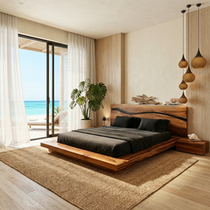 Solid Wood Bed with Wave Headboard, Modern Rustic Platform Bed