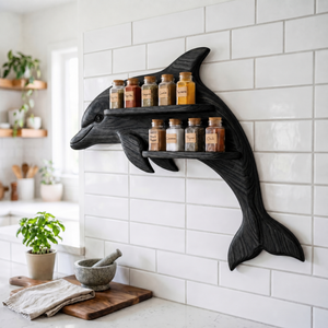 Sculptural Solid Wood Dolphin Spice Rack with Double Wall Shelves