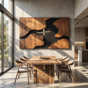 Sculptural Wood Wall Art Panel with Black River Form