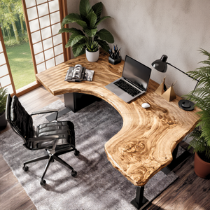 Live Edge Solid Wood Corner Desk with Sculptural Cutout Design