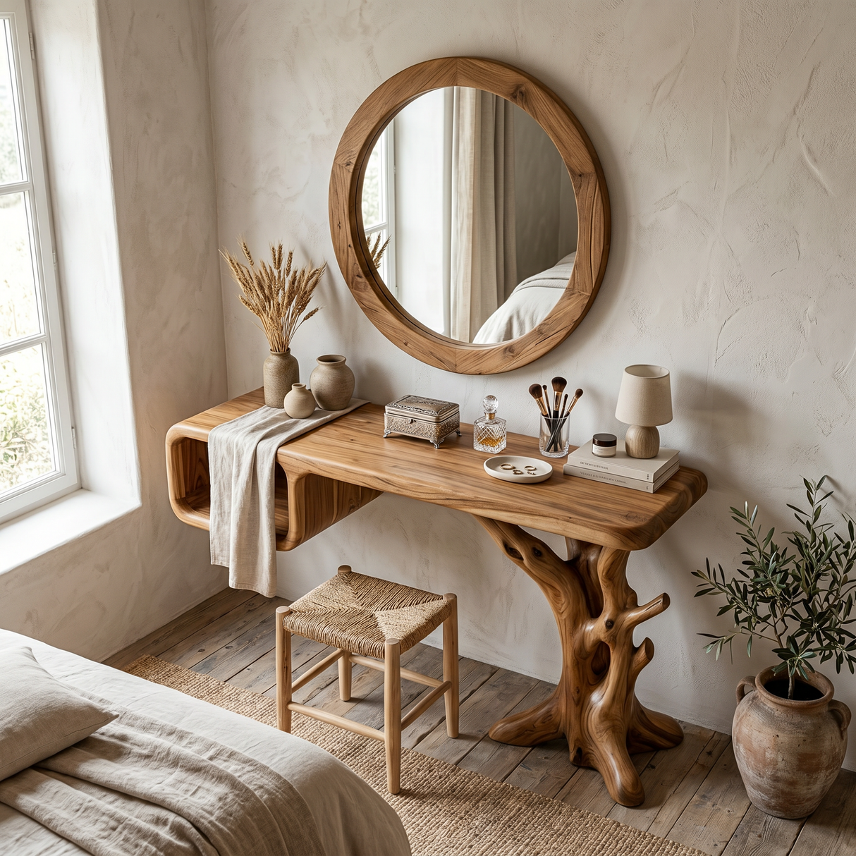 Handmade Solid Wood Vanity Table with Floating Cubby Shelf and Sculptural Tree Base