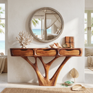 Console Table Solid Wood with Three Drawers and Sculptural Branch Base