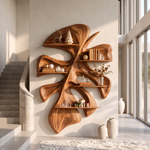 Tropical Leaf Solid Wood Wall Shelf with Sculptural Floating Display Shelves