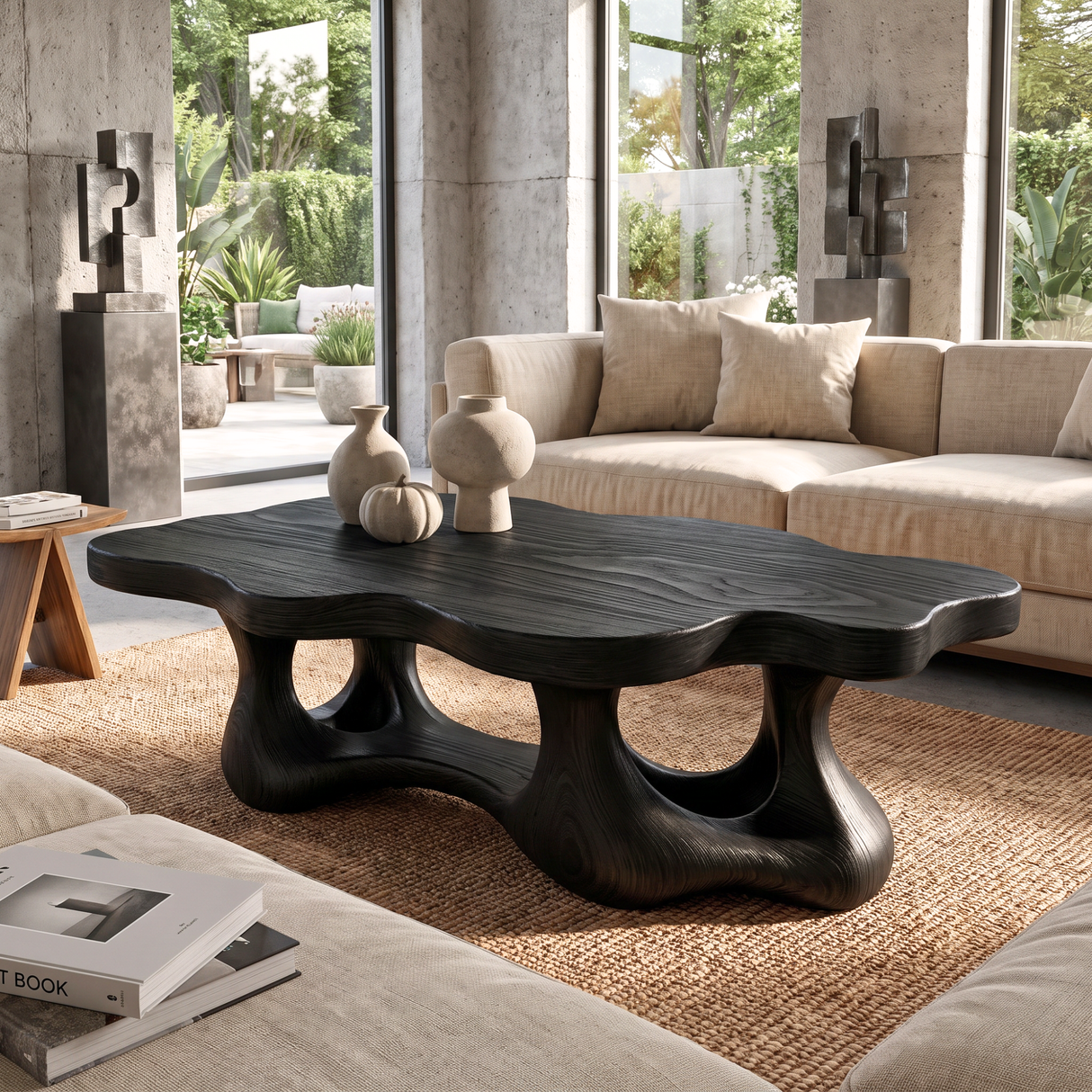 Coffee Table Solid Wood with Organic Double Loop Base for Living Room