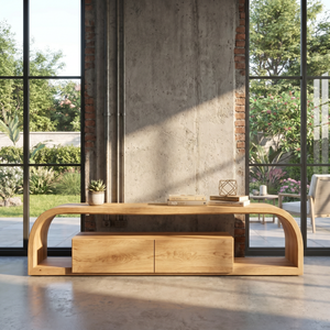 TV Console Solid Wood with Rounded Frame and Cabinet Storage for Living Room