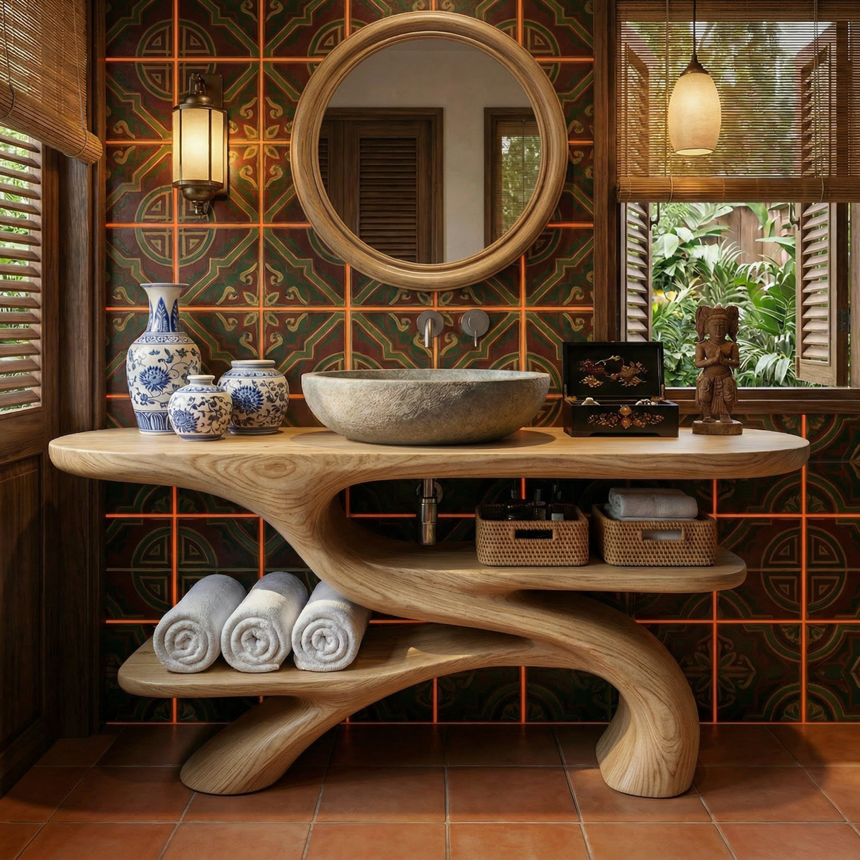 Handcrafted Solid Wood Bathroom Vanity with Sculptural Open Shelf