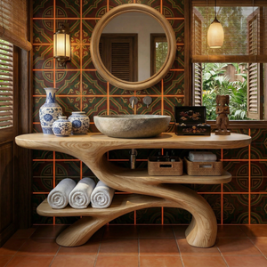 Handcrafted Solid Wood Bathroom Vanity with Sculptural Open Shelf