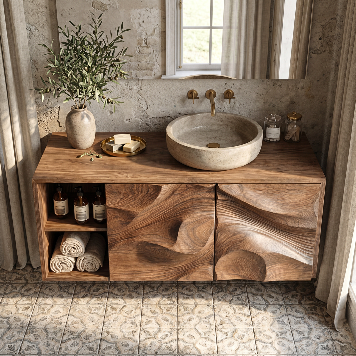 Abstract Carved Wood Bathroom Vanity Cabinet with Organic Relief Front