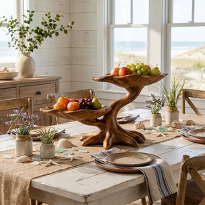 Sculptural Solid Wood Fruit Bowl with Two-Tier Organic Branch Base