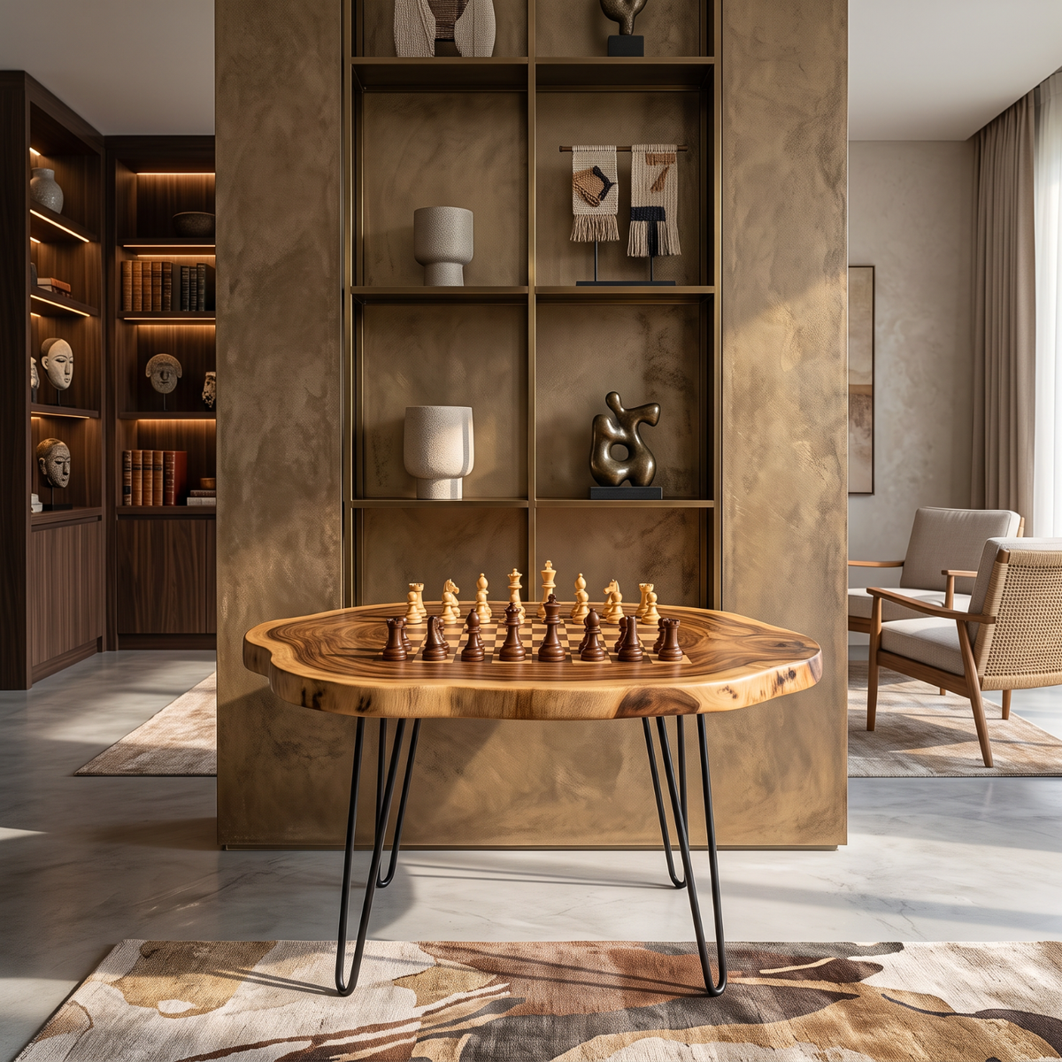 Live Edge Solid Wood Chess Coffee Table with Organic Slab Top and Hairpin Legs