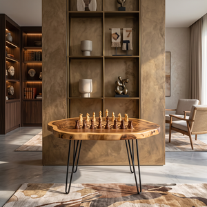Live Edge Solid Wood Chess Coffee Table with Organic Slab Top and Hairpin Legs