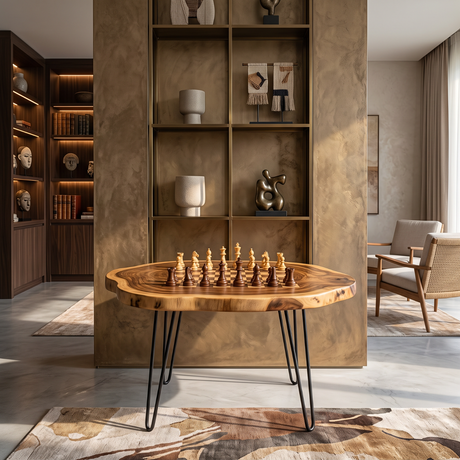 Live Edge Solid Wood Chess Coffee Table with Organic Slab Top and Hairpin Legs