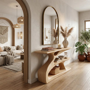 Sculptural Solid Wood Console with Integrated Shelf
