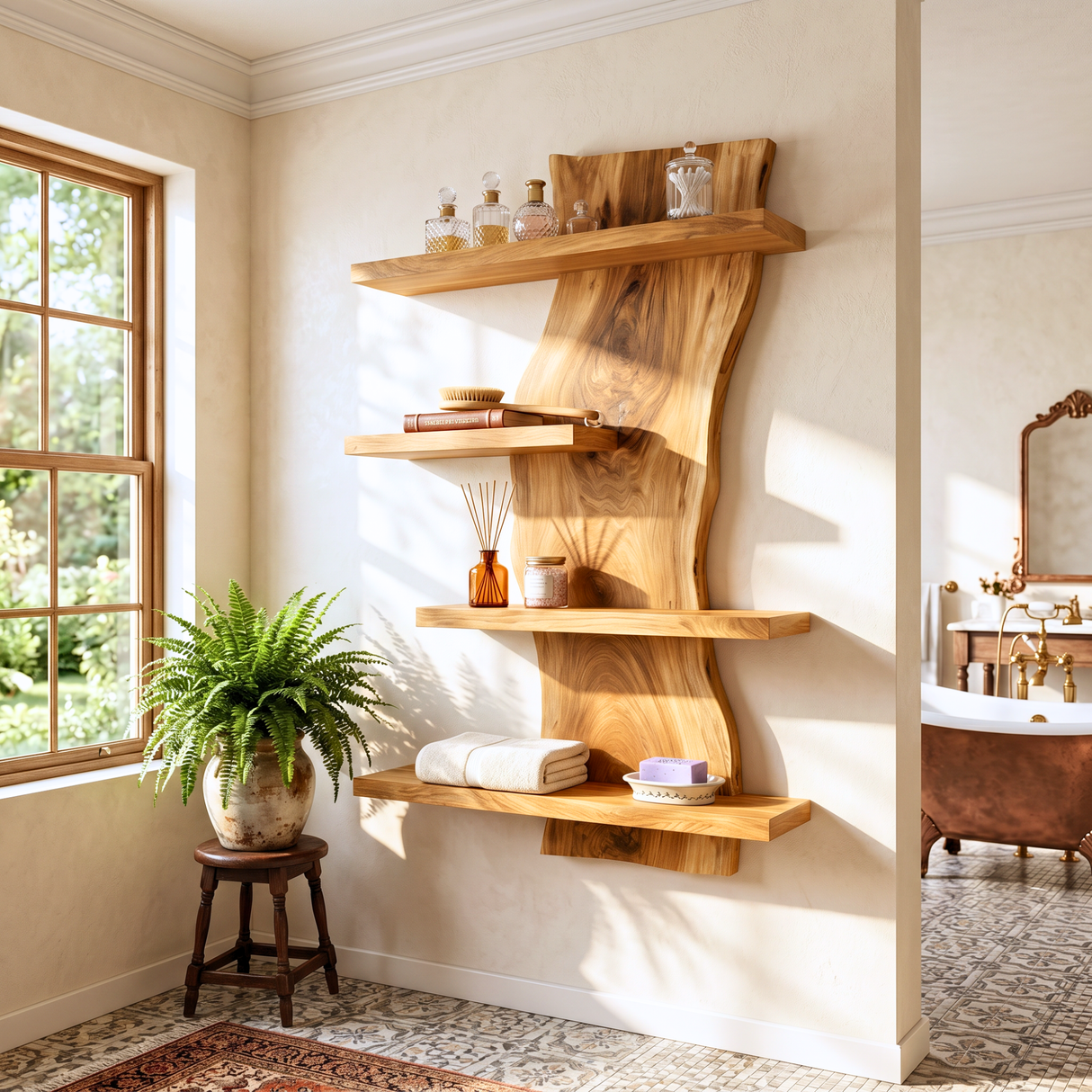 Modern Live Edge Wooden Wall Shelf Handmade Floating Solid Wood Bookcase Display Shelf