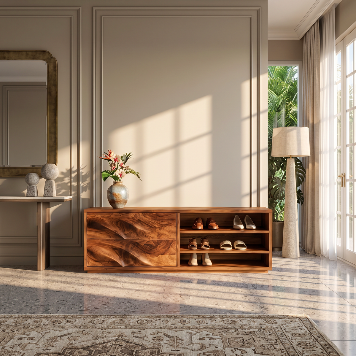 Modern Solid Wood Shoe Cabinet with Sculpted Drawers and Open Shelves