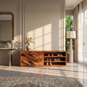 Modern Solid Wood Shoe Cabinet with Sculpted Drawers and Open Shelves