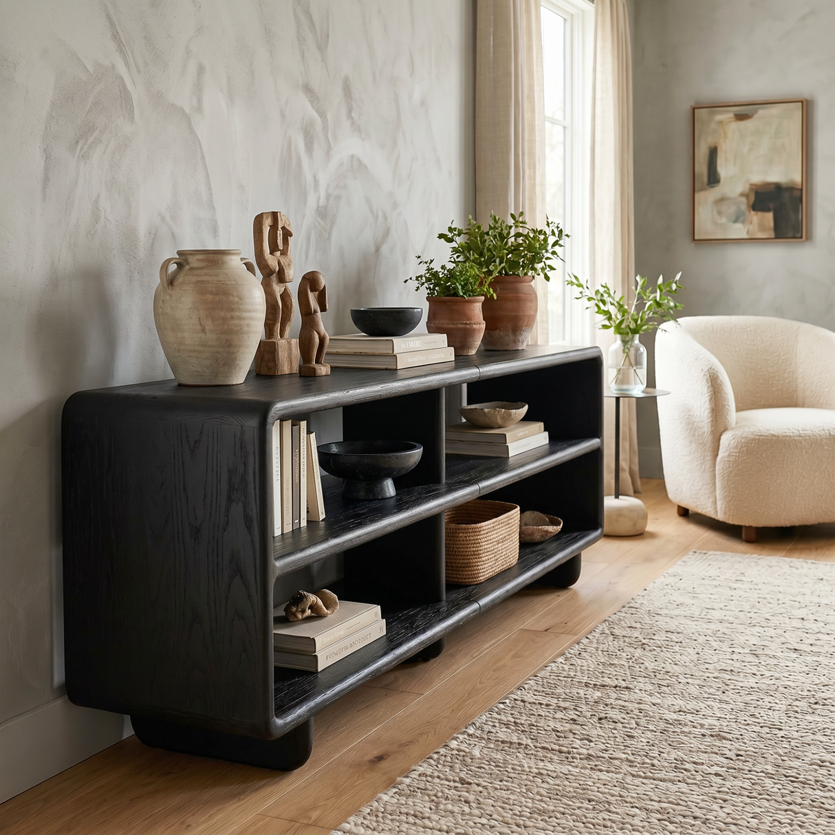 Solid Wood Open Shelf Sideboard with Rounded Edge Storage Design