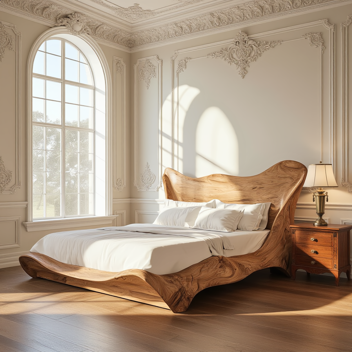 Sculptural Wood Bed with Flowing Organic Silhouette