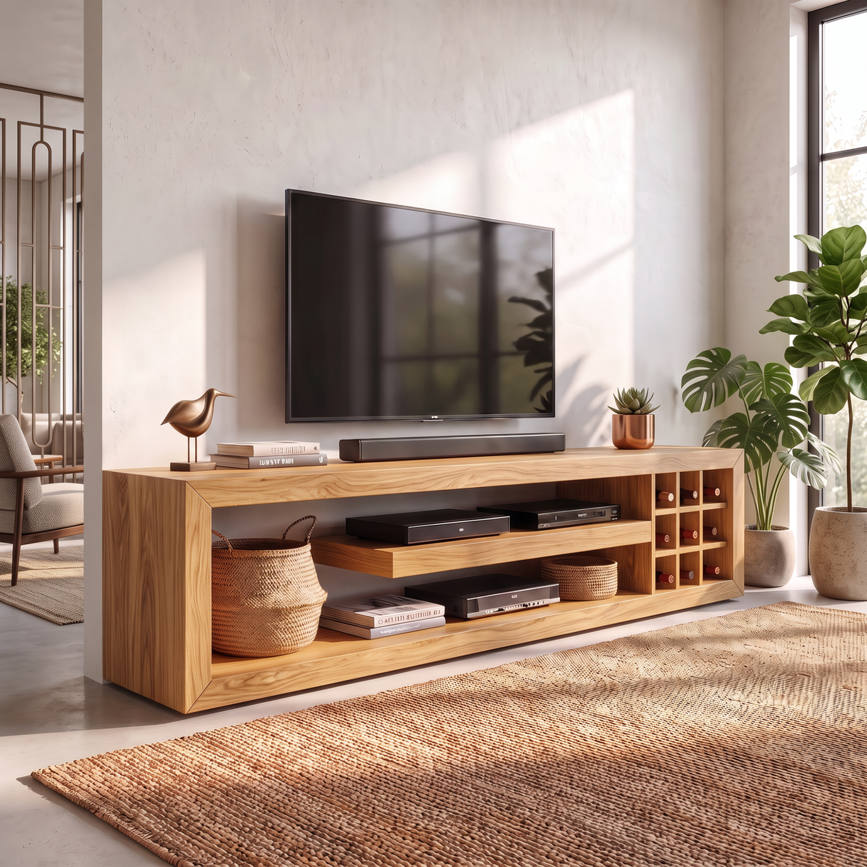 TV Console Solid Wood with Open Media Shelves and Side Cubby Storage for Living Room