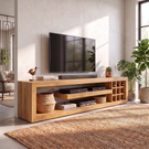 TV Console Solid Wood with Open Media Shelves and Side Cubby Storage for Living Room