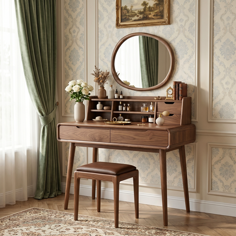 Solid Wood Vanity Table with Organizer Hutch, Drawer Storage, and Tapered Legs