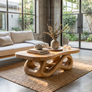 Hand-Carved Solid Wood Coffee Table with Flowing Hollow Base and Natural Slab Top