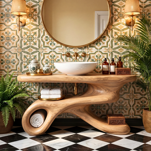 Organic Modern Wood Bathroom Vanity with Sculptural Open Storage Base