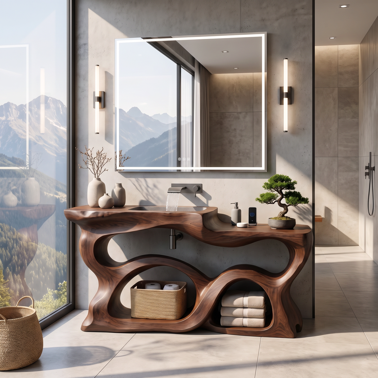Bathroom Vanity Solid Wood with Sculptural Multi Arch Storage for Bathroom