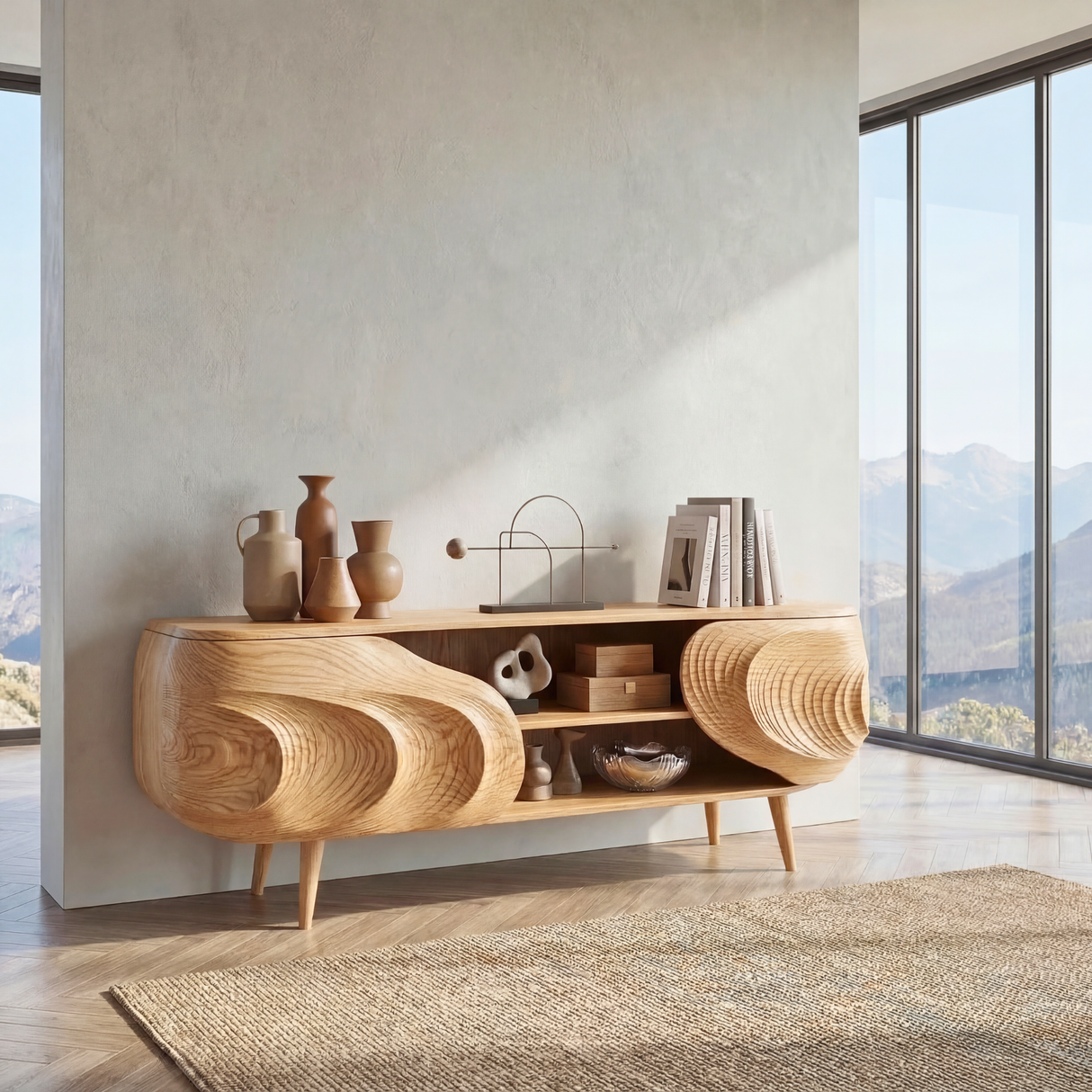 Sculptural Wood TV Cabinet with Carved Organic Front, Modern Media Console for Luxury Living Rooms