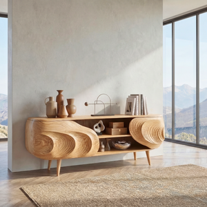 Sculptural Wood TV Cabinet with Carved Organic Front, Modern Media Console for Luxury Living Rooms