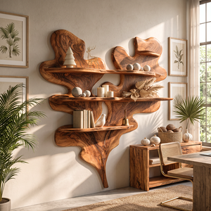 Sculptural Solid Wood Wall Shelf with Layered Organic Leaf Form