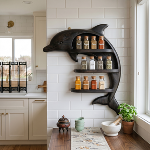 Handmade Solid Wood Dolphin Spice Organizer with Three Open Kitchen Shelves