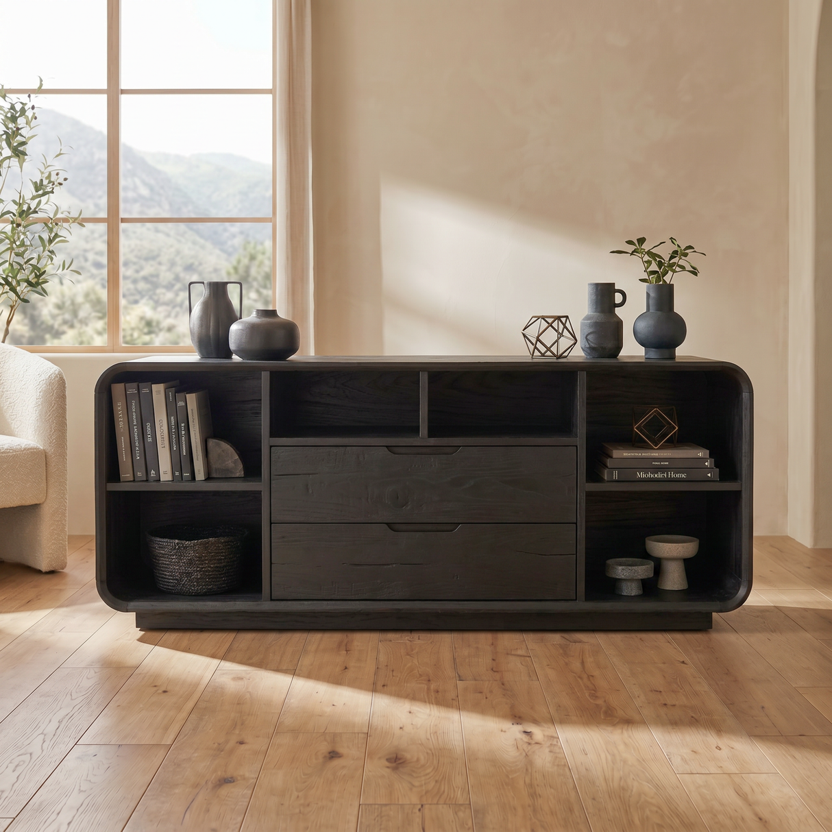 Solid Wood Rounded Corner Sideboard with Drawers and Open Shelves